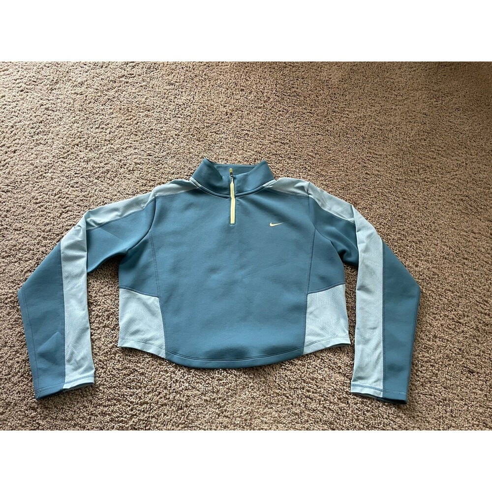 Womens Nike Dri-FIT 1/4 Zip Training Top Pullover Teal Blue Cropped Size Large L